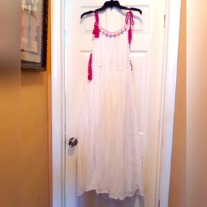Sand & Spirit Dress Size Large White Maxi Embroidered Pink Accents